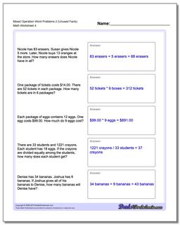 Mixed Operation Word Problems Worksheet 2 (Unused Facts)