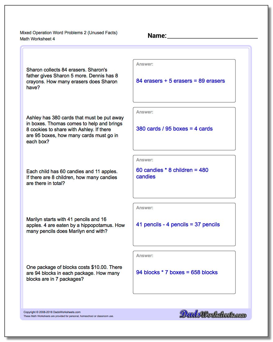 Mixed Operation Word Problems Worksheet 2 (Unused Facts)