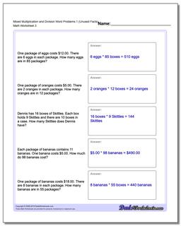 Mixed Multiplication Worksheet and Division Worksheet Word Problems Worksheet 1 (Unused Facts)