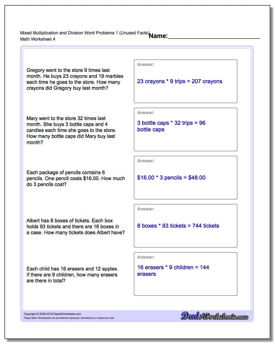 Mixed Multiplication Worksheet and Division Worksheet Word Problems Worksheet 1 (Unused Facts)