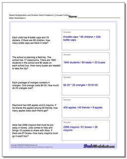 Mixed Multiplication Worksheet and Division Worksheet Word Problems Worksheet 2 (Unused Facts)