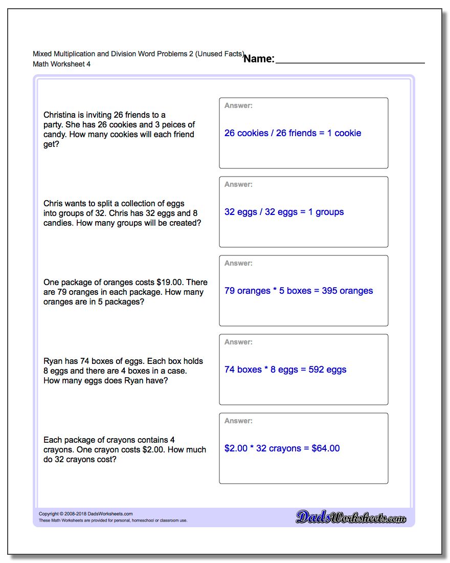 Mixed Multiplication Worksheet and Division Worksheet Word Problems Worksheet 2 (Unused Facts)