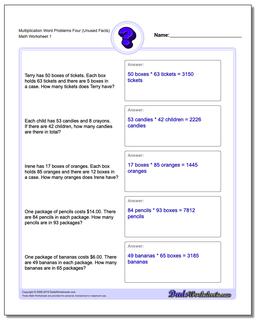 Word Problems Worksheet Multiplication Worksheet Four (Unused Facts)