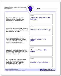 Multiplication Worksheet Word Problems Worksheet Four (Unused Facts)