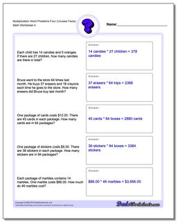 Multiplication Worksheet Word Problems Worksheet Four (Unused Facts)