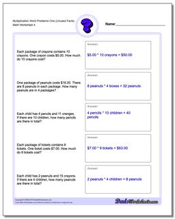 Multiplication Worksheet Word Problems Worksheet One (Unused Facts)