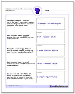 Multiplication Worksheet Word Problems Worksheet Two (Unused Facts)