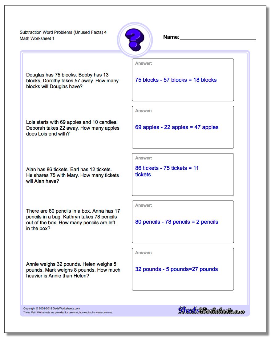 Word Problems Worksheet Subtraction Worksheet (Unused Facts) 4