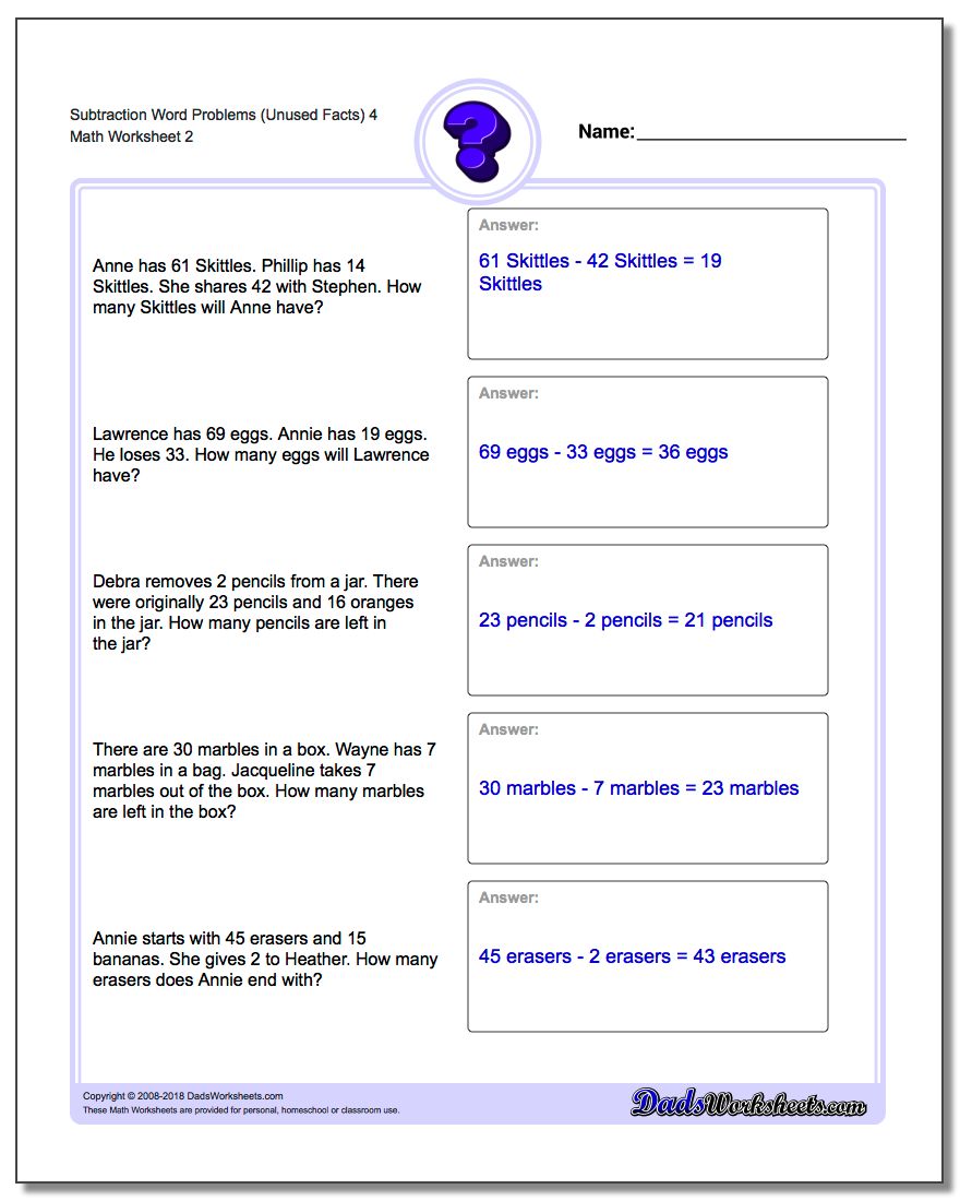 Subtraction Worksheet Word Problems Worksheet (Unused Facts) 4 www.dadsworksheets.com/worksheets/word-problems.html