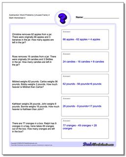 Subtraction Worksheet Word Problems Worksheet (Unused Facts) 4