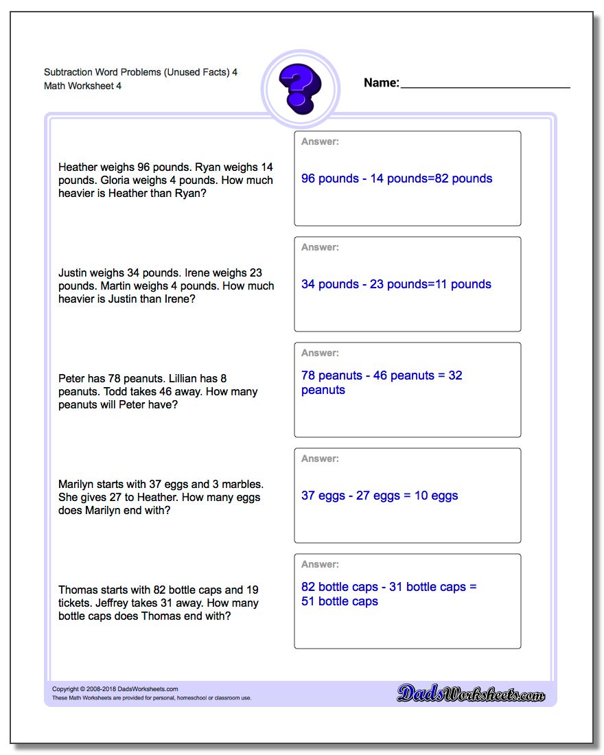 Subtraction Worksheet Word Problems Worksheet (Unused Facts) 4