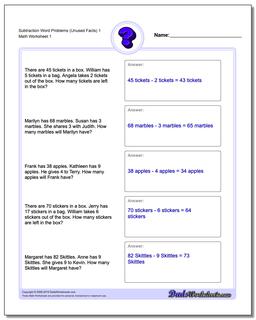 Word Problems Worksheet Subtraction Worksheet (Unused Facts) 1