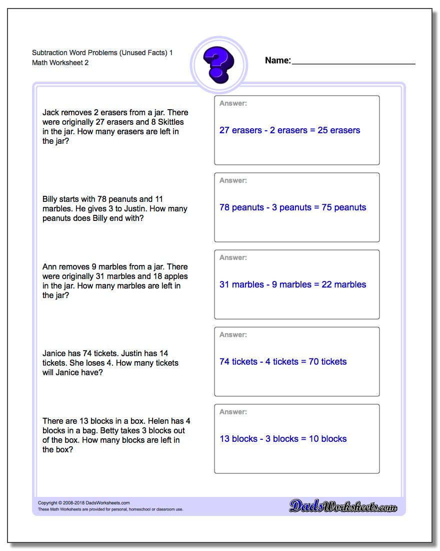 Subtraction Worksheet Word Problems Worksheet (Unused Facts) 1 www.dadsworksheets.com/worksheets/word-problems.html
