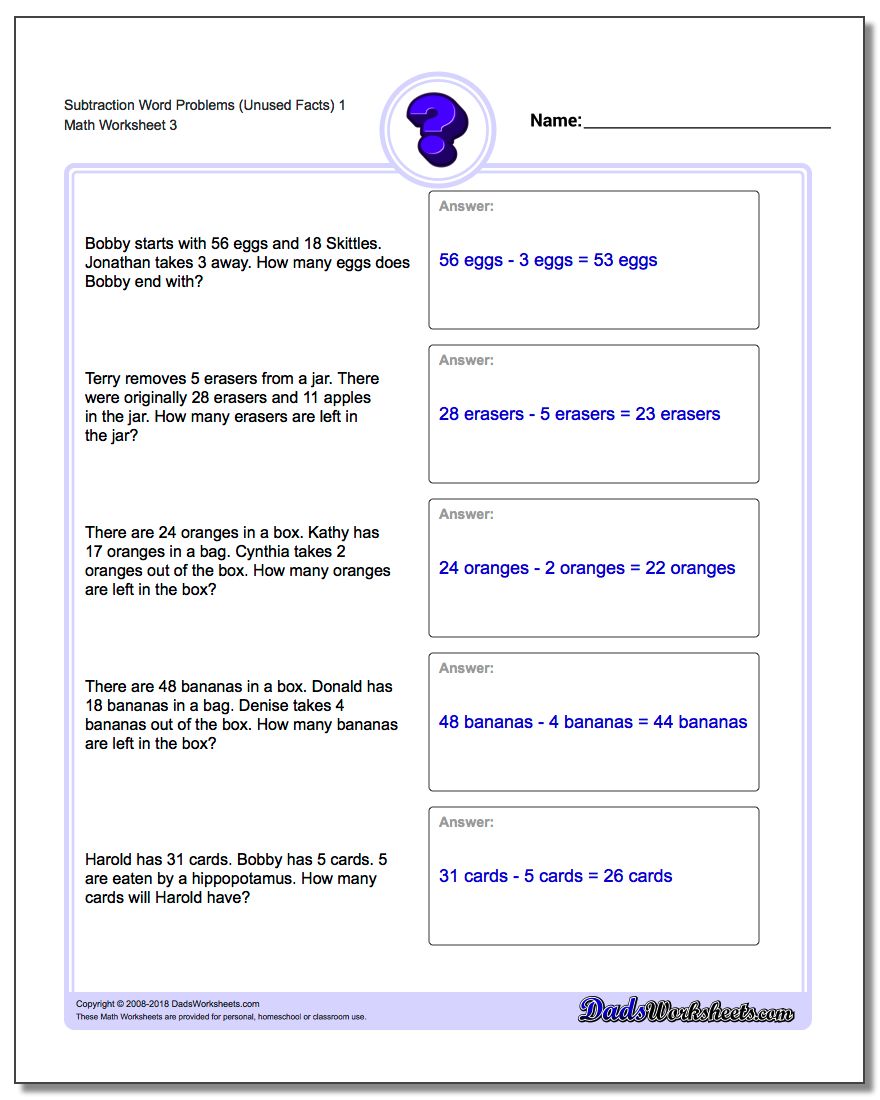 Subtraction Worksheet Word Problems Worksheet (Unused Facts) 1