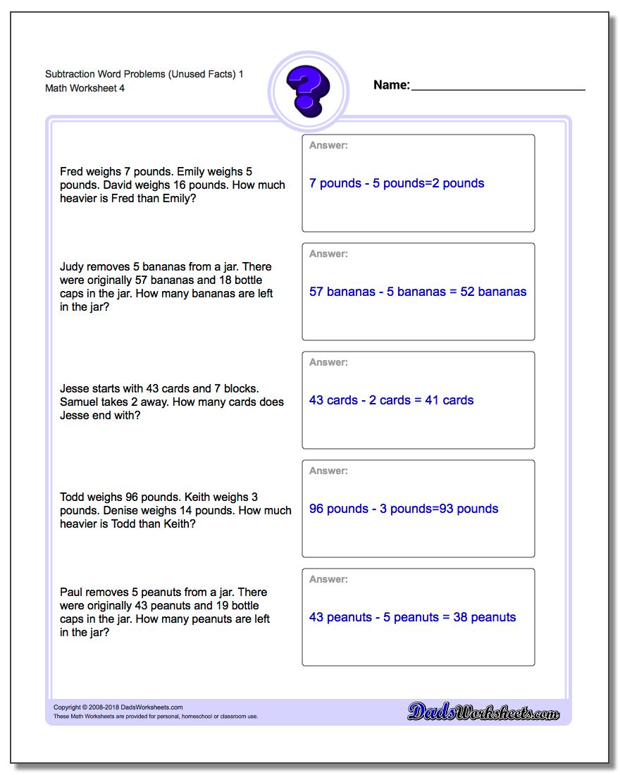 Subtraction Worksheet Word Problems Worksheet (Unused Facts) 1