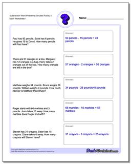 Word Problems Worksheet Subtraction Worksheet (Unused Facts) 3