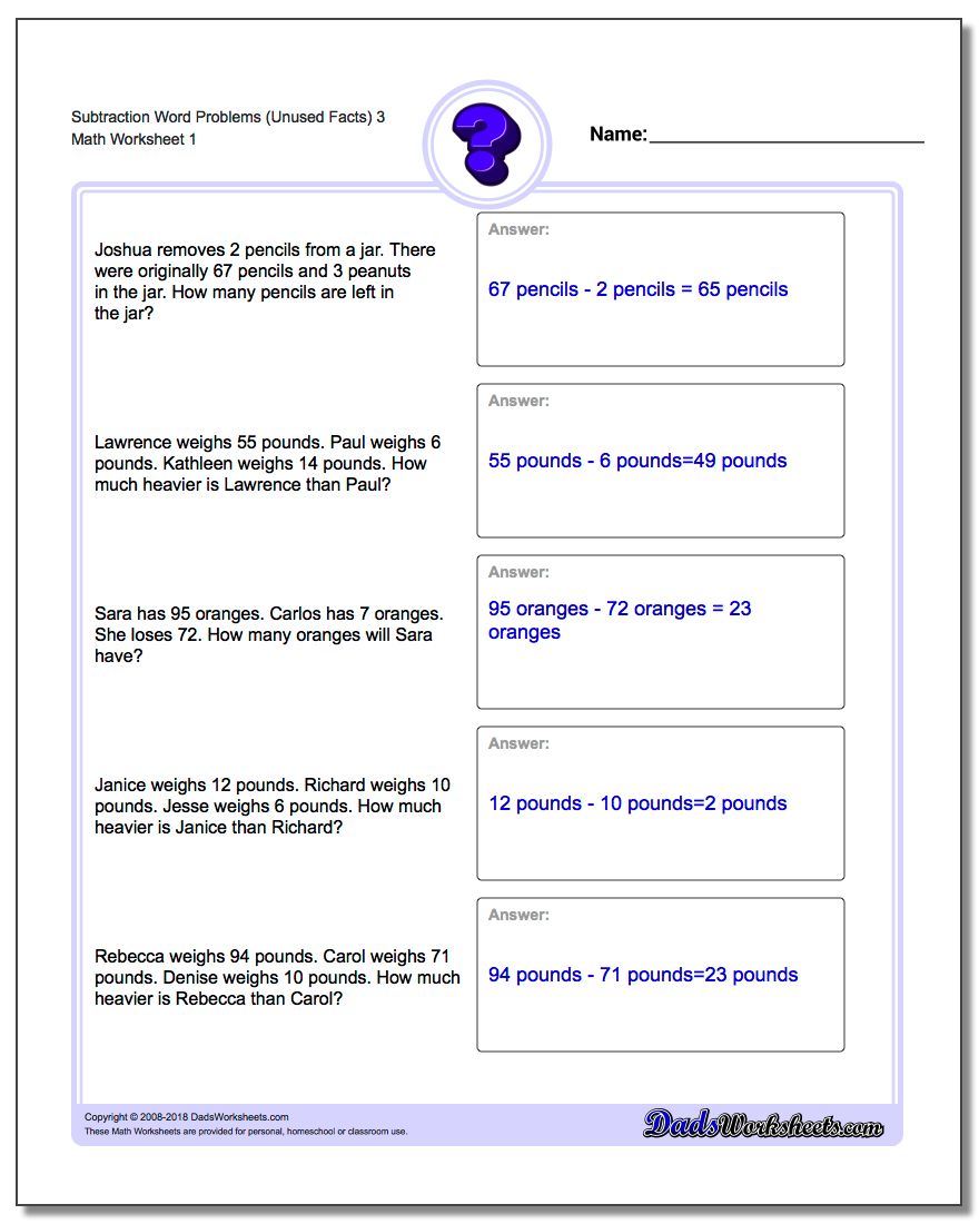 Word Problems Worksheet Subtraction Worksheet (Unused Facts) 3