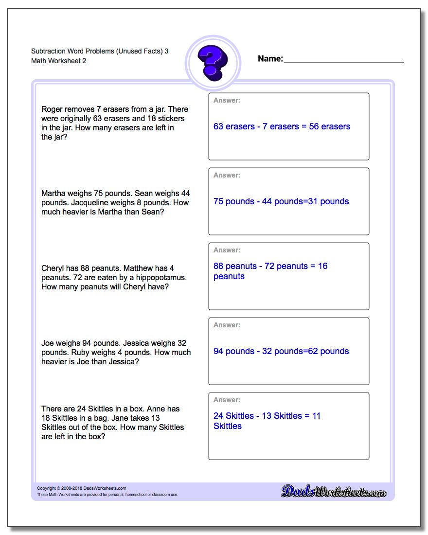 Subtraction Worksheet Word Problems Worksheet (Unused Facts) 3 www.dadsworksheets.com/worksheets/word-problems.html
