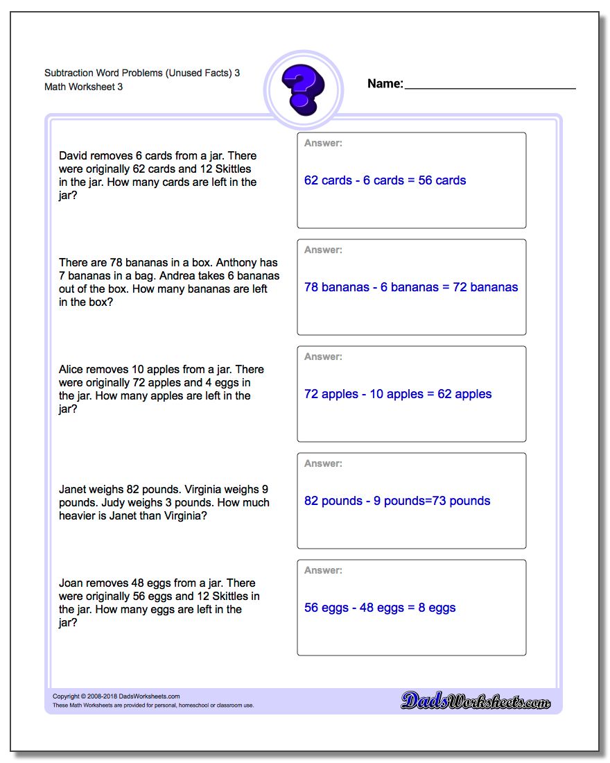 Subtraction Worksheet Word Problems Worksheet (Unused Facts) 3