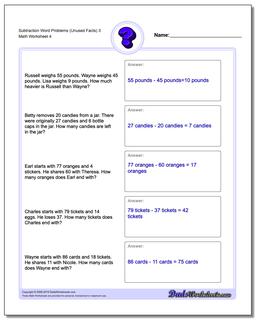 Subtraction Worksheet Word Problems Worksheet (Unused Facts) 3