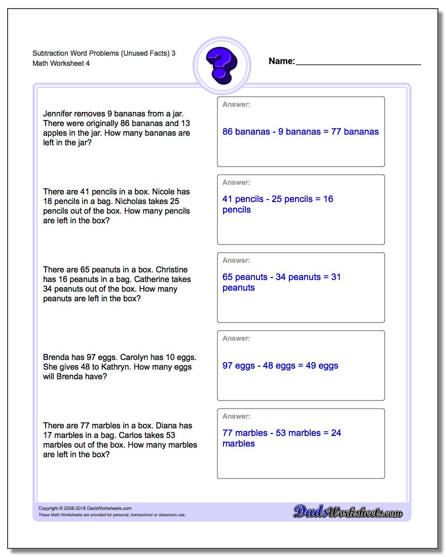Subtraction Worksheet Word Problems Worksheet (Unused Facts) 3