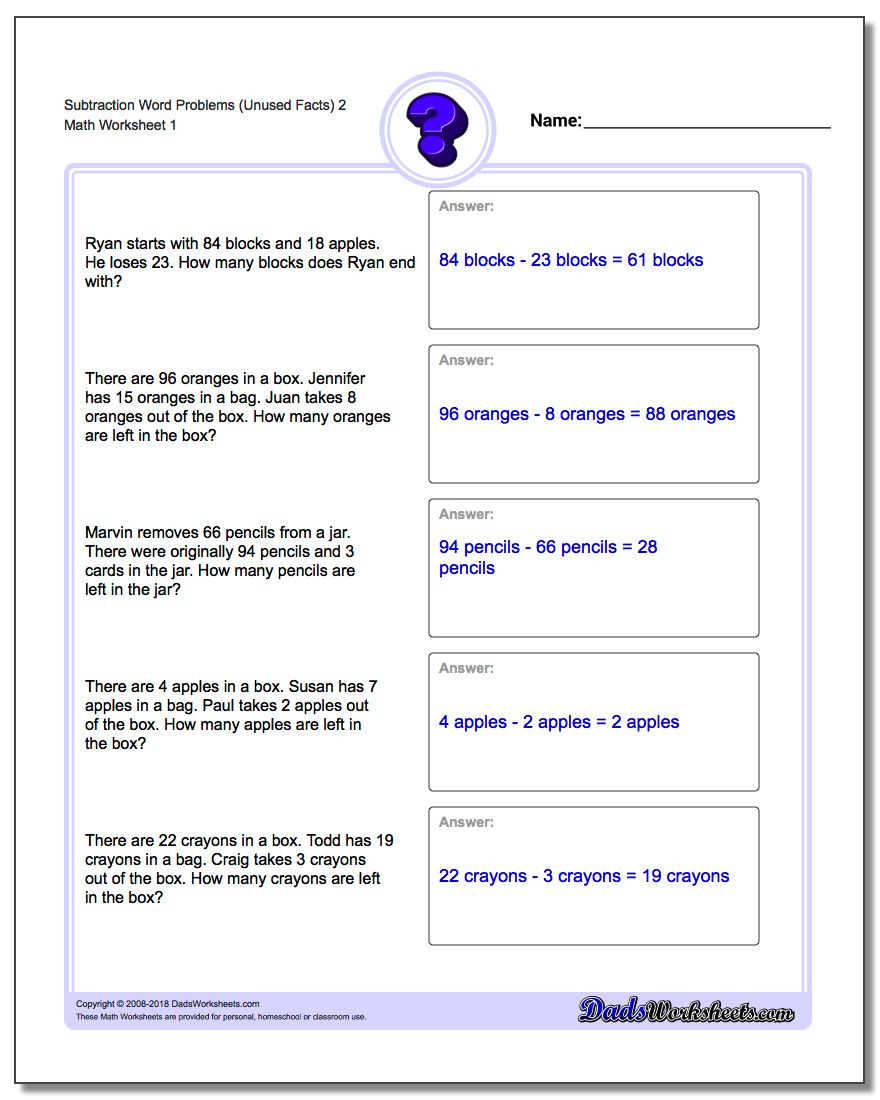 Word Problems Worksheet Subtraction Worksheet (Unused Facts) 2
