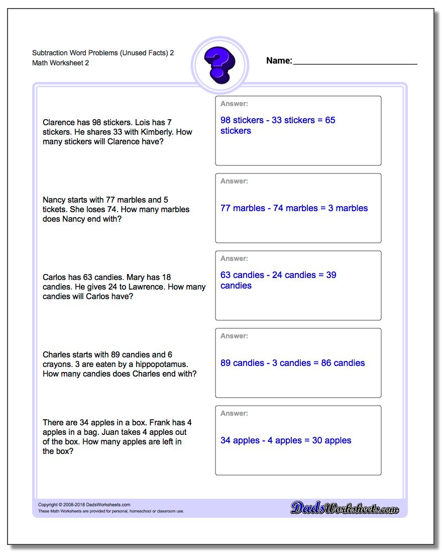 Subtraction Worksheet Word Problems Worksheet (Unused Facts) 2 www.dadsworksheets.com/worksheets/word-problems.html