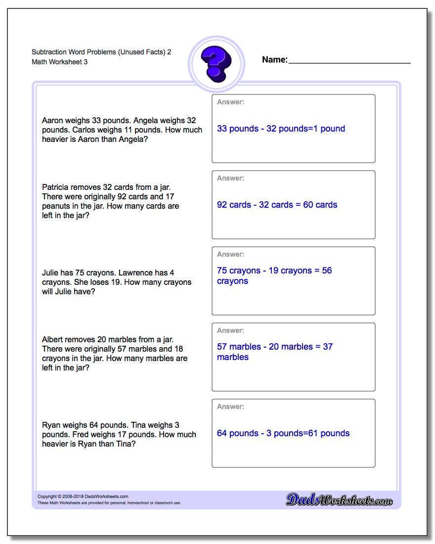 Subtraction Worksheet Word Problems Worksheet (Unused Facts) 2