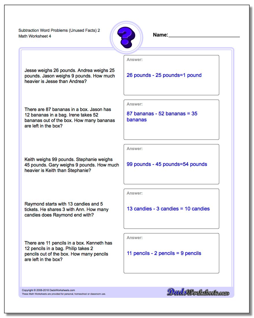 Subtraction Worksheet Word Problems Worksheet (Unused Facts) 2