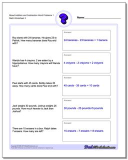 Mixed Addition Worksheet and Subtraction Worksheet Word Problems Worksheet 1