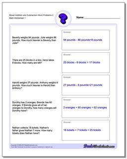 Word Problems Worksheet Mixed Addition Worksheet and Subtraction Worksheet 2