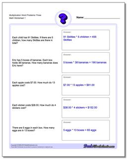 Word Problems Worksheet Multiplication Worksheet Three