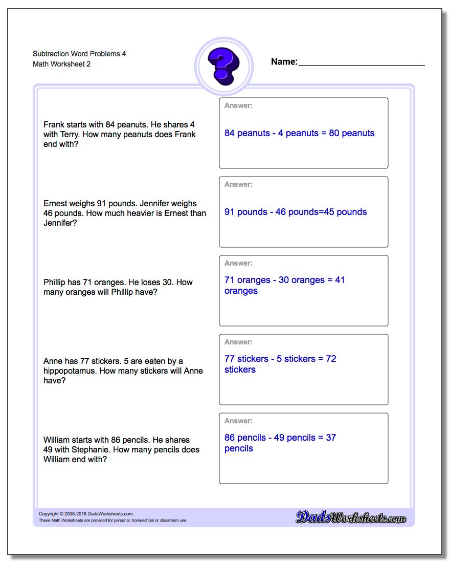 Subtraction Worksheet Word Problems Worksheet 4 www.dadsworksheets.com/worksheets/word-problems.html