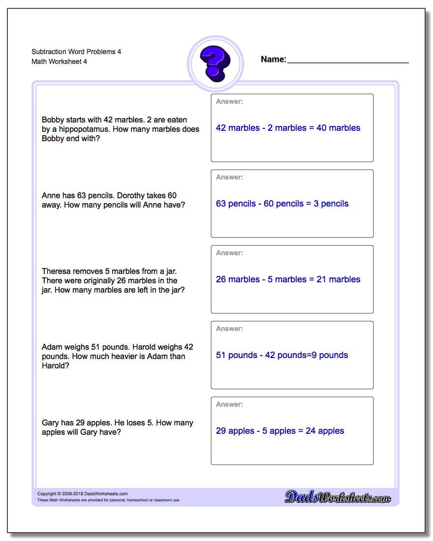 Subtraction Worksheet Word Problems Worksheet 4