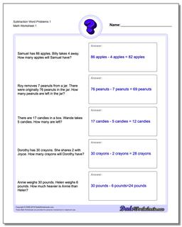 Word Problems Worksheet Subtraction Worksheet 1