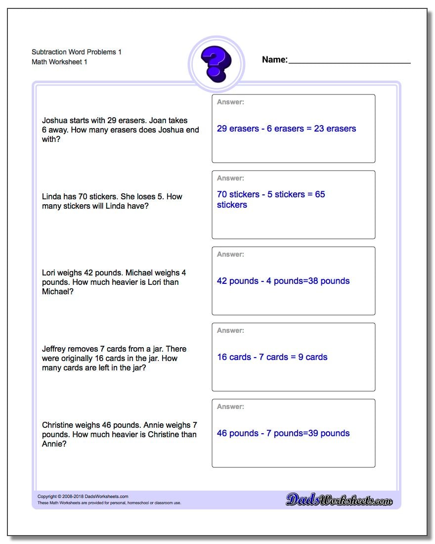 Word Problems Worksheet Subtraction Worksheet 1