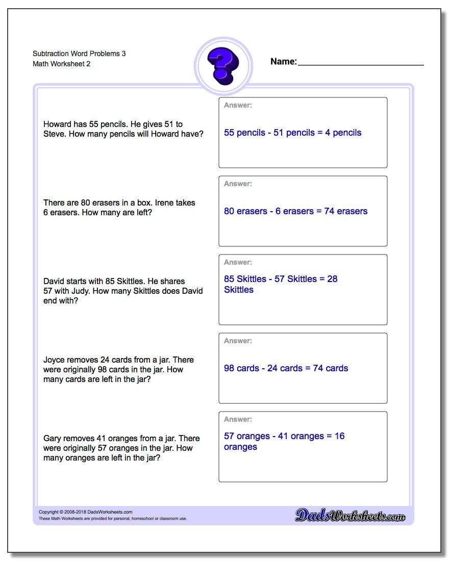 Subtraction Worksheet Word Problems Worksheet 3 www.dadsworksheets.com/worksheets/word-problems.html