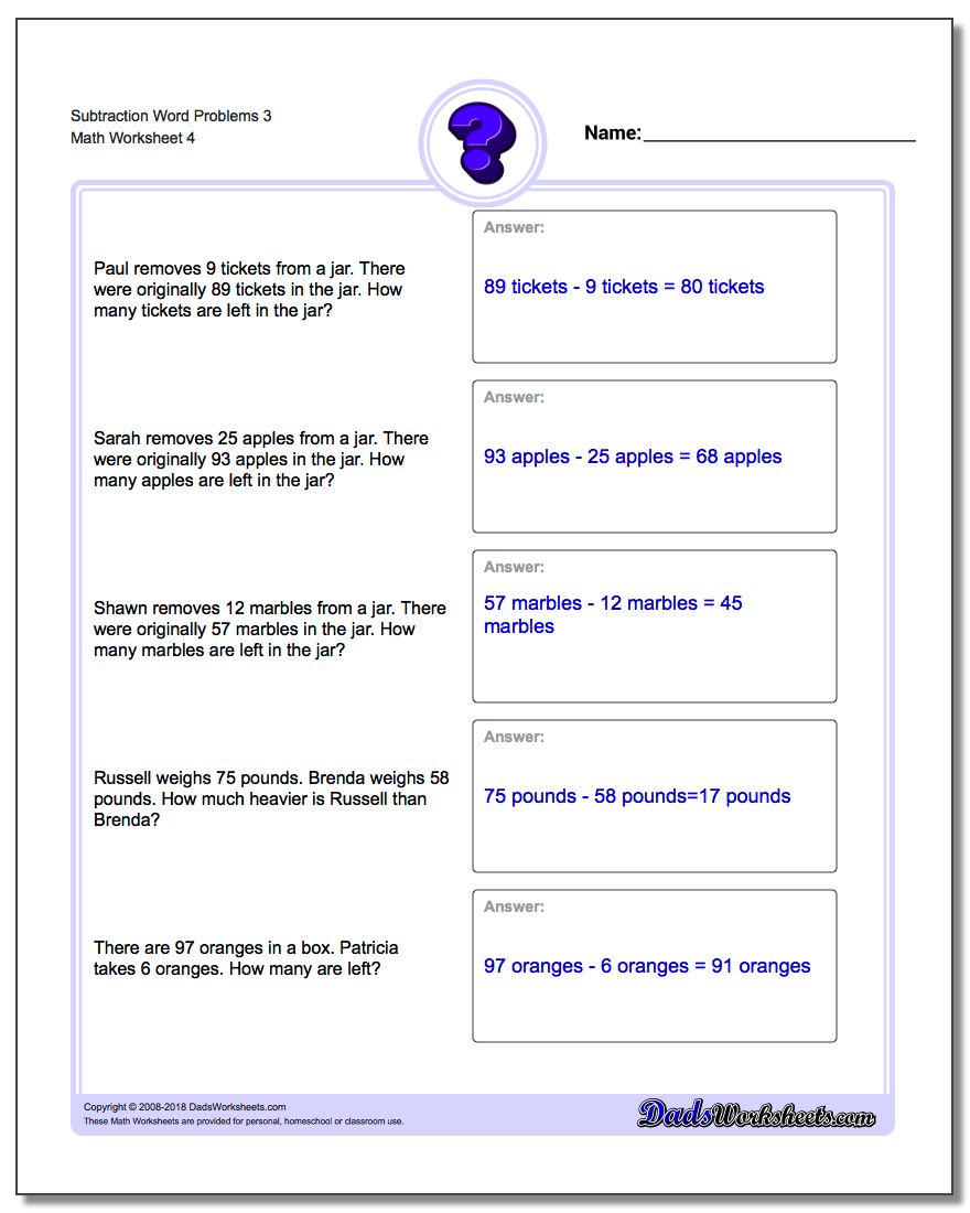 Subtraction Worksheet Word Problems Worksheet 3