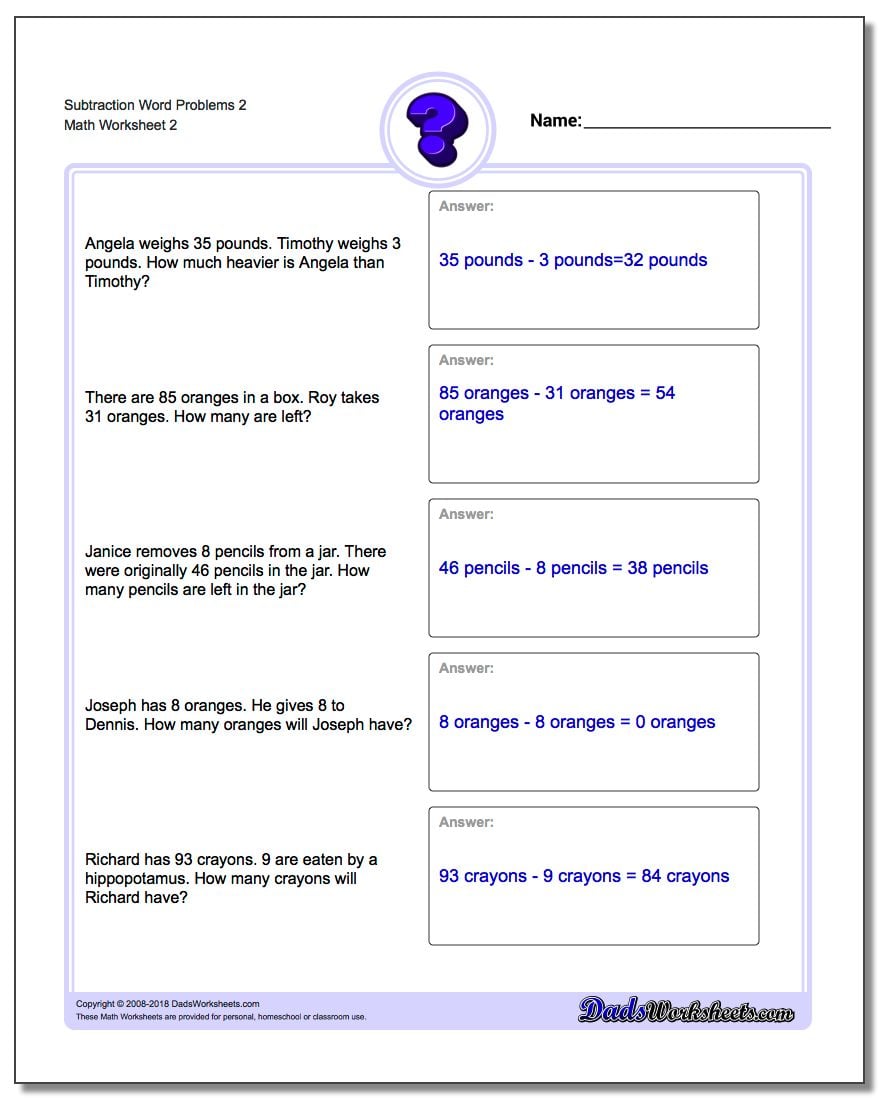 Subtraction Worksheet Word Problems Worksheet 2 www.dadsworksheets.com/worksheets/word-problems.html