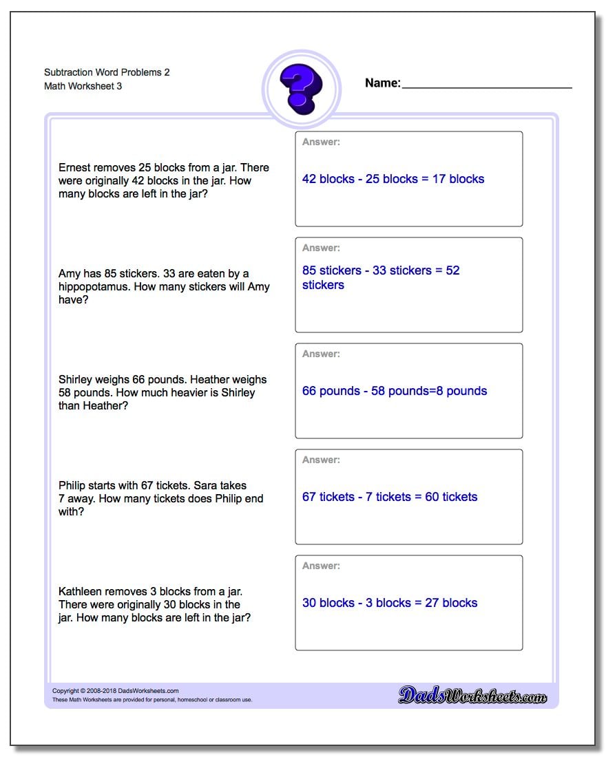 Subtraction Worksheet Word Problems Worksheet 2