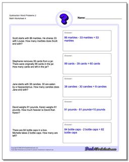 Subtraction Worksheet Word Problems Worksheet 2