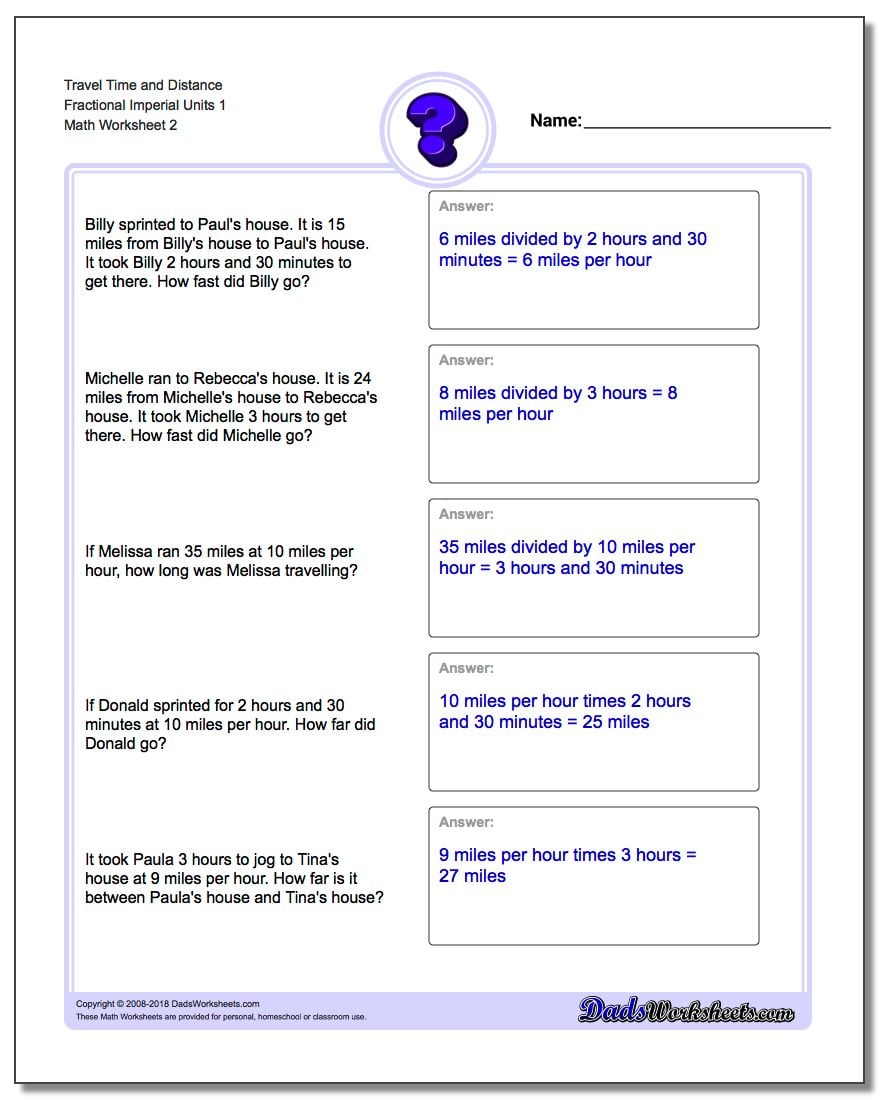 Travel Time and Distance Fraction Worksheetal Imperial Units 1 www.dadsworksheets.com/worksheets/word-problems.html