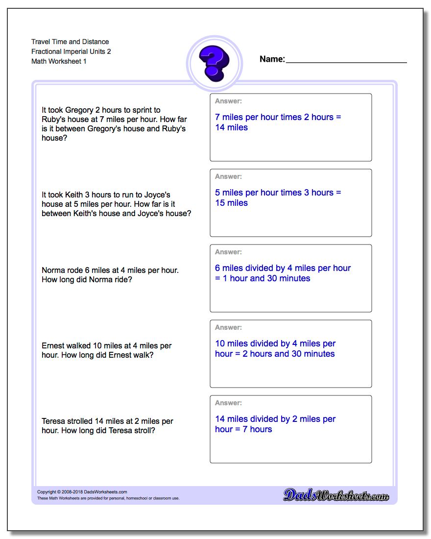 Travel Time and Distance Fraction Worksheetal Imperial Units 2 Word Problems Worksheet