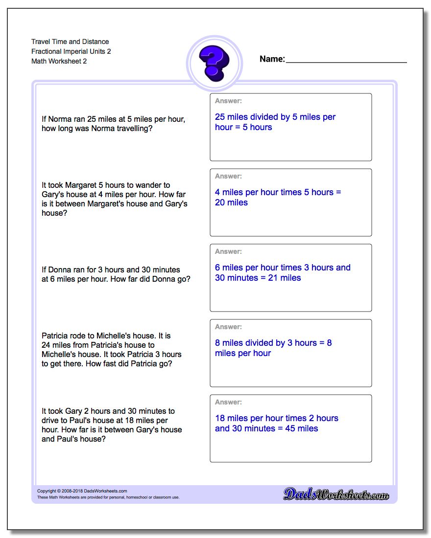 Travel Time and Distance Fraction Worksheetal Imperial Units 2 www.dadsworksheets.com/worksheets/word-problems.html