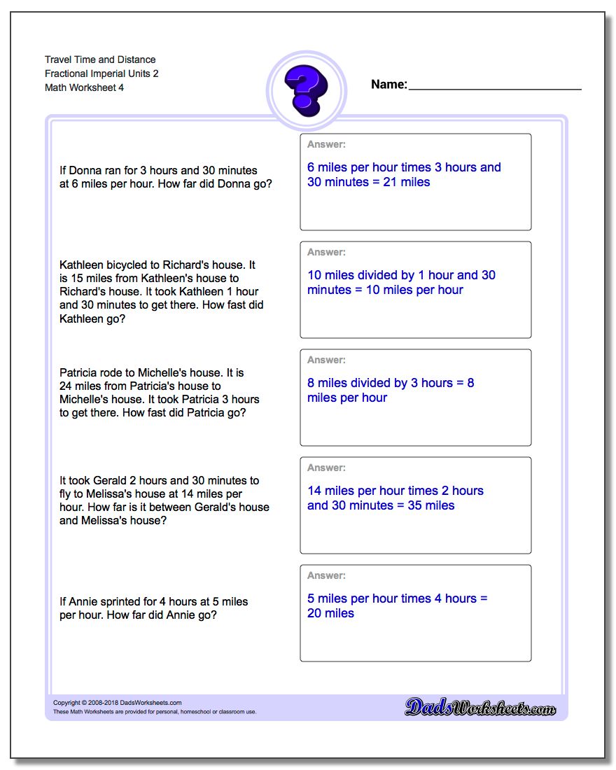 Travel Time and Distance Fraction Worksheetal Imperial Units 2