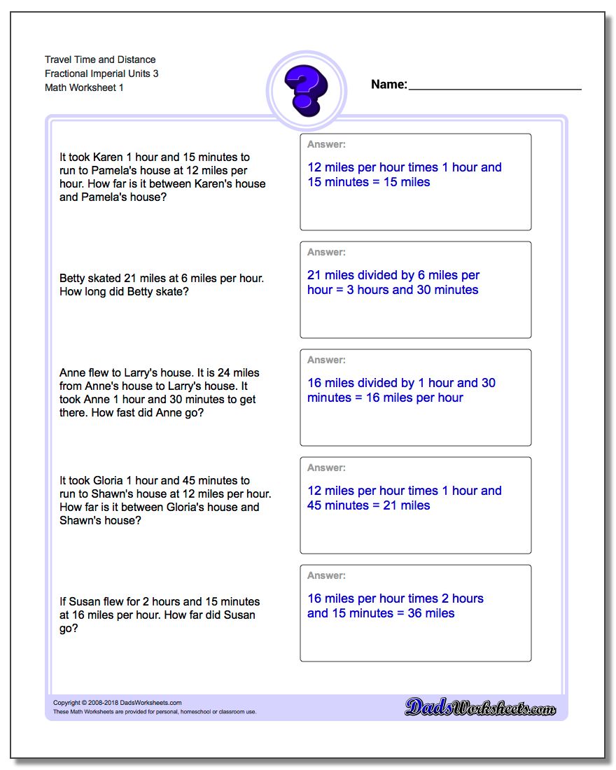 Travel Time and Distance Fraction Worksheetal Imperial Units 3 Word Problems Worksheet