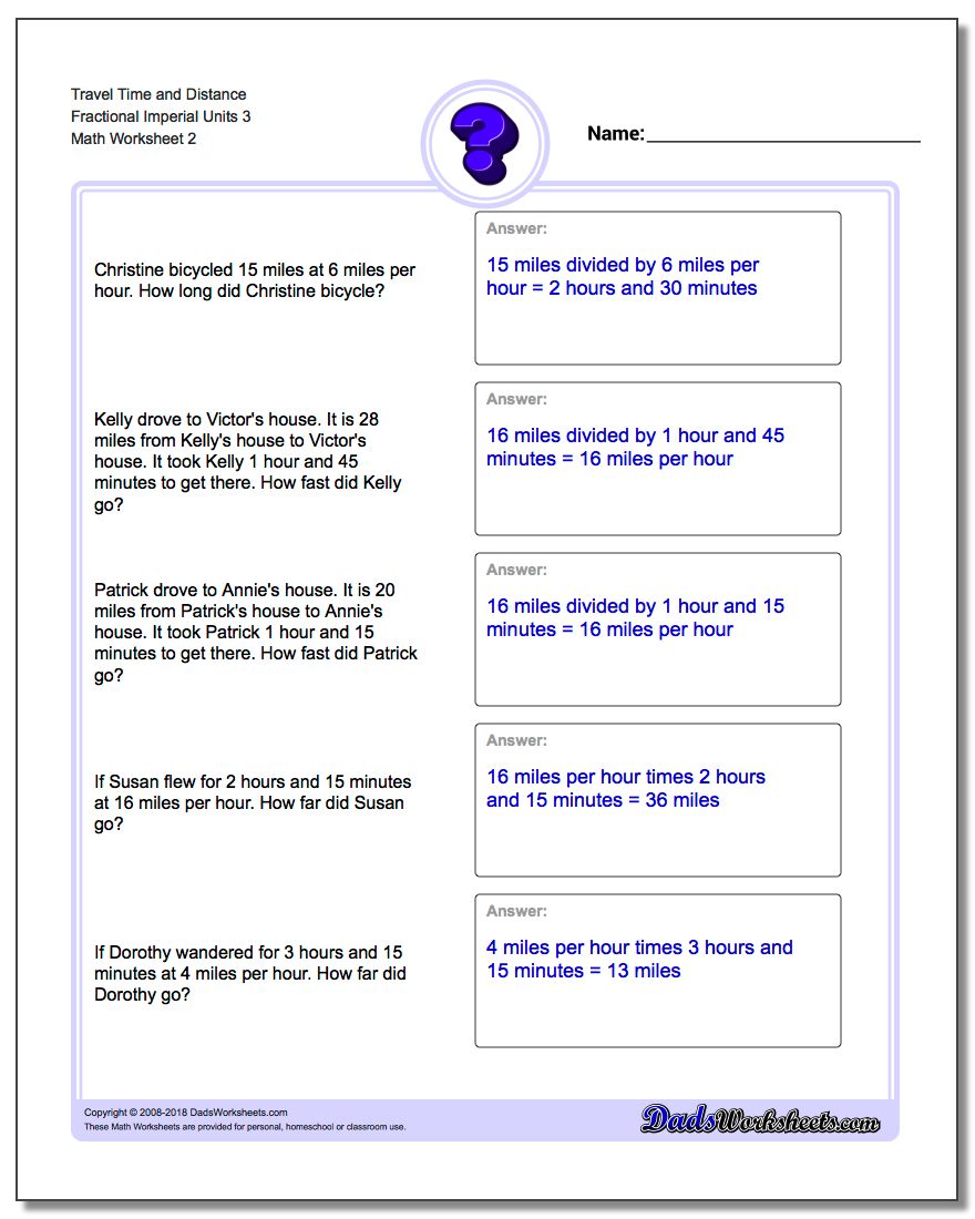 Travel Time and Distance Fraction Worksheetal Imperial Units 3 www.dadsworksheets.com/worksheets/word-problems.html
