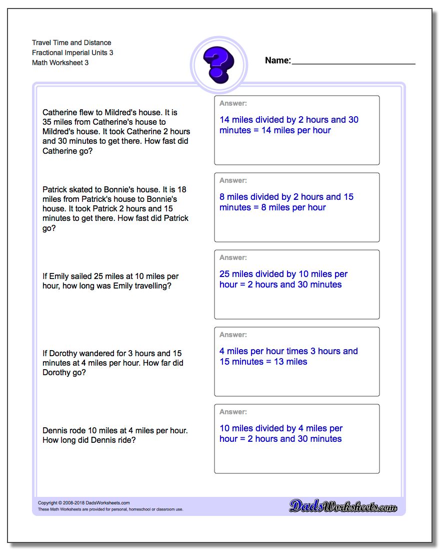 Travel Time and Distance Fraction Worksheetal Imperial Units 3