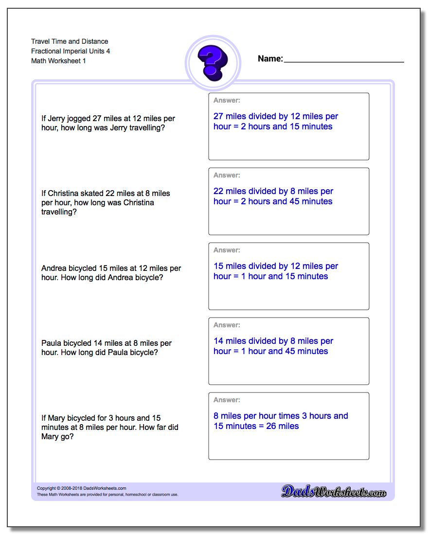 Travel Time and Distance Fraction Worksheetal Imperial Units 4 Word Problems Worksheet