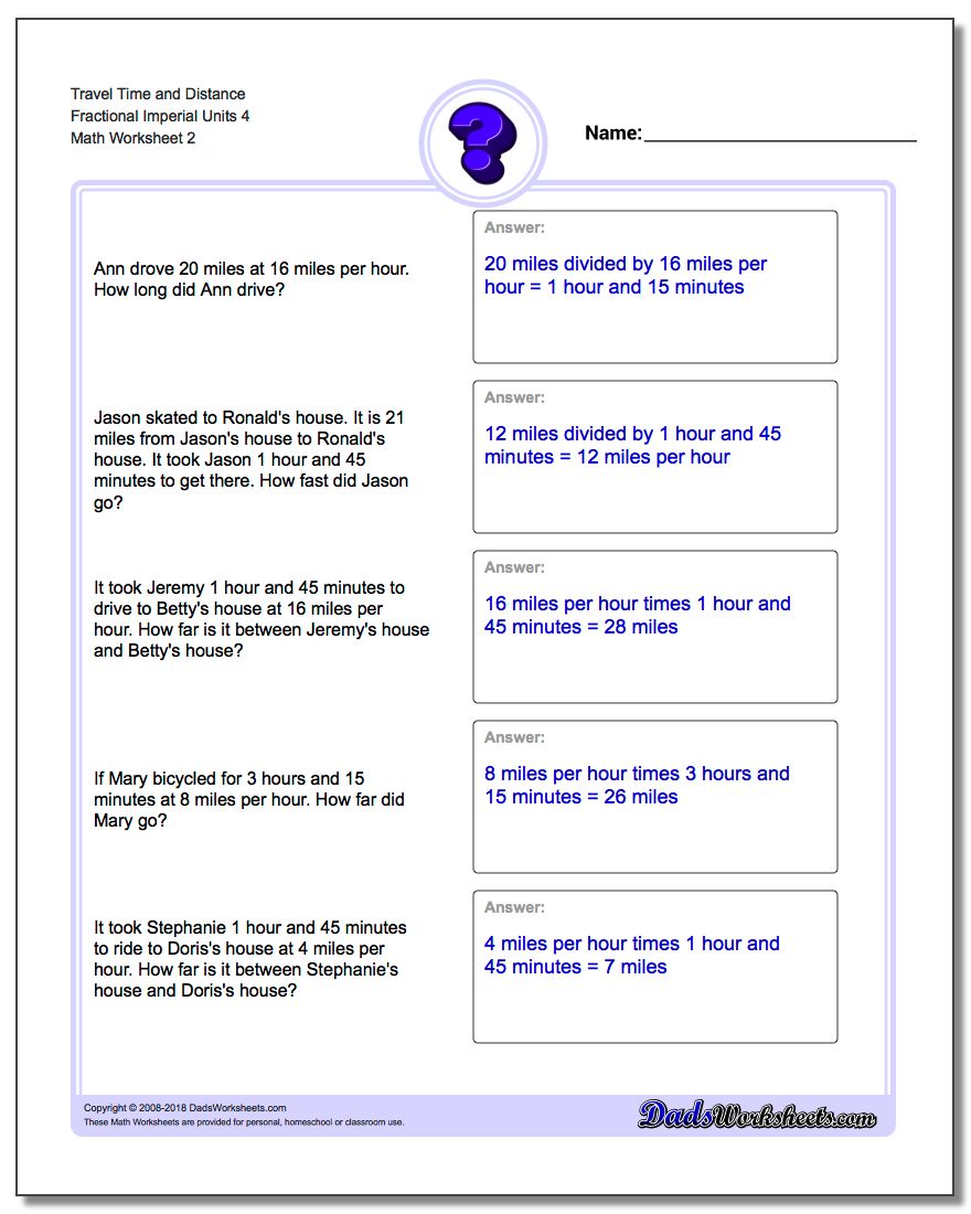 Travel Time and Distance Fraction Worksheetal Imperial Units 4 www.dadsworksheets.com/worksheets/word-problems.html